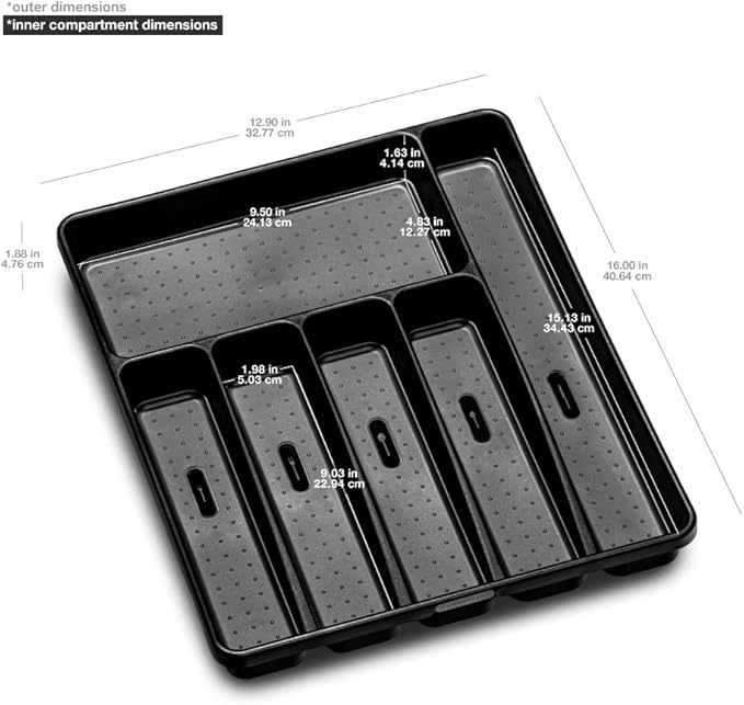 madesmart Premium Silverware Tray, 6 Compartment Flatware Organizer for Forks, Knives & Spoons, Non Slip, Soft Grip Lining, Durable Drawer Organizer, Black