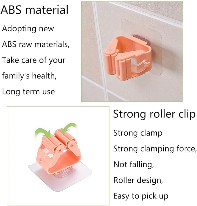 Broom And Mop Holder Clip 4 Pcs Mop Broom Wall Mounted Heavy Duty With Plastic Hooks Hanger No Drilling Mop Gripper For Home Bathroom Kitchen (pink)