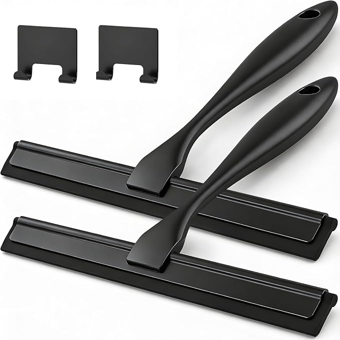 2PACK All-Purpose Shower Squeegee for Shower Doors, Tile Shower Walls, Bathroom, Window, Glass and Car Windshield, Mirrors and Kitchen-Stainless Steel, 10 Inches, Black