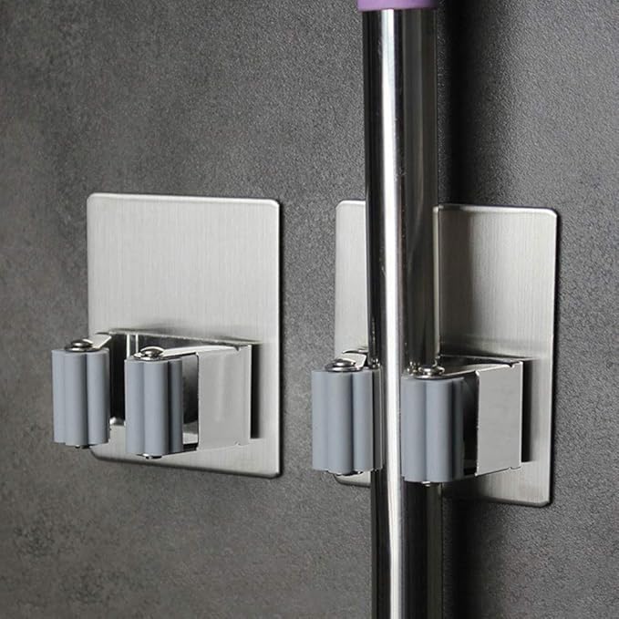 Fairy 2 Pack Stainless Steel Mop Broom Rack, Non-Perforated Self-Adhesive Hook Wall-Mounted Mop Rack, Heavy Duty Waterproof and Non-Slip for Bathroom, Kitchen, Garage