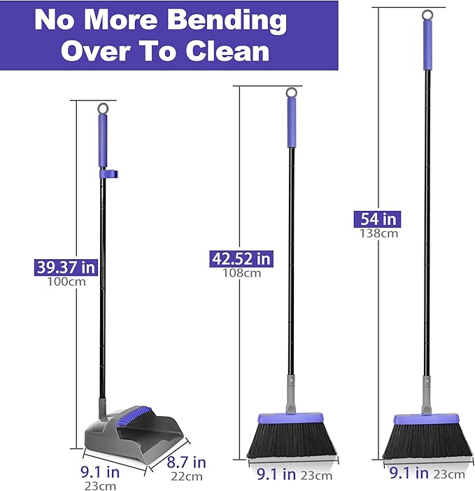 Broom and Dustpan Set for Home, 54-inch Long Adjustable Handle Broom with Stand Up Dustpan, 180 Degree Rotating Broom Head & Comb Teeth - Indoor Sweeping Combo for Kitchen Lobby Floor Office (Purple)