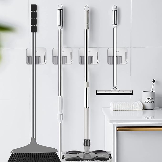 Broom Holder Self Adhesive No Drill Wall Mount Mop Broom Organizer with Hook Heavy Duty Stainless Steel Garden Tool Organizer Garage Storage and Organization Hanger (Silver + Grey)
