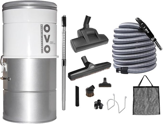 OVO Large and Powerful Central Vacuum System, Hybrid Filtration (with or Without Disposable Bags), 25L or 6.6 Gal, 630 Airwatts + 40 ft Premium Deluxe Plus Accessory Kit