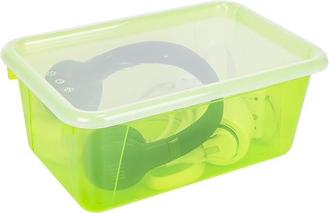Storex Small Cubby Bins – Plastic Storage Containers for Classroom with Non-Snap Lid, 12.2 x 7.8 x 5.1 inches, Tint Green, 5-Pack (62483U05C)