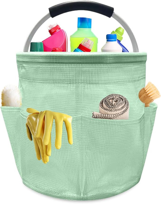 Qivine 17L Cleaning Caddy with Handle, Cleaning Supply Caddy, Foldable Tool Bag Cleaning Products Organizer, Portable Cleaning Bucket Caddy for Cleaning Supplies (Clear Green)