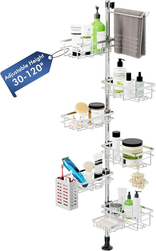 Shower Caddy Corner Tension Pole, Stainless Steel Rustproof 6 Shelves Bathroom Organizer with Towel Bar & Toothbrush Holder, Adjustable Shower Shelf for Renters - Family Stand Storage Rack