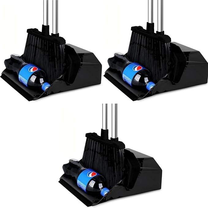 Commercial Broom and Dustpan Set, 3-Pack Broom with Dustpan Combo Set, Industrial Brooms and Dustpans Sets 51 inch Long Handle, Large Brooms and Dust Pan for Hall Lobby Office Garage - Black
