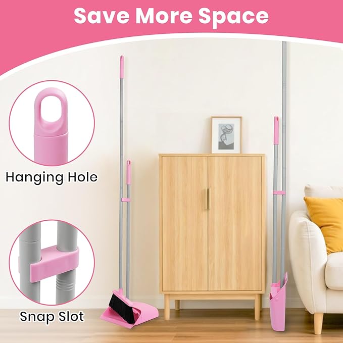 Pink Broom and Dustpan Set,58” Long Adjustable Handle Small Broom with Stand up Dustpan Combo Set with Dust Pan Teeth,for Indoor Home Office Floor Cleaning