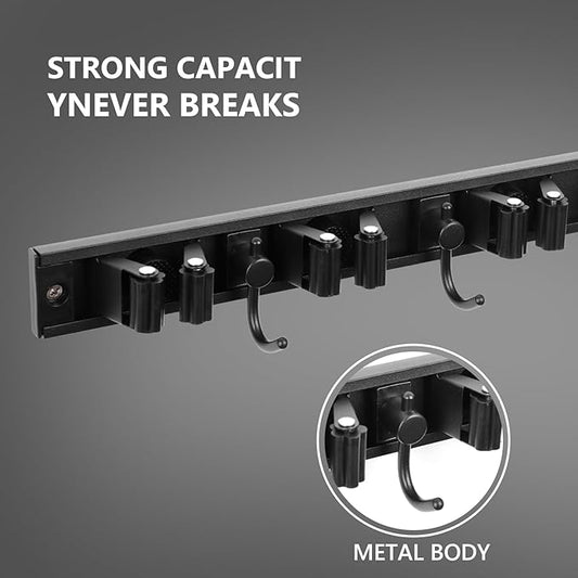 YA MI Mop holder, broom holder, stainless steel wall hanging tool storage device with 4 hooks in 4 positions, suitable for home bathrooms, kitchens, and gardens