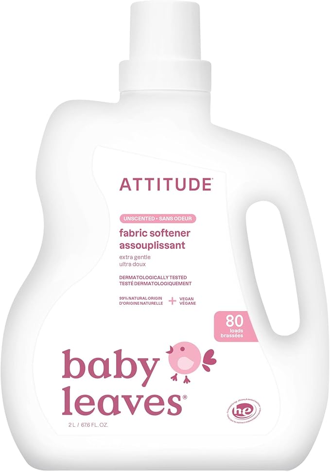 ATTITUDE Baby Fabric Softener, Plant and Mineral-Based Ingredients, HE Compatible, Vegan and Cruelty-free Laundry and Household Products, Unscented, 80 Loads, 67.6 Fl Oz