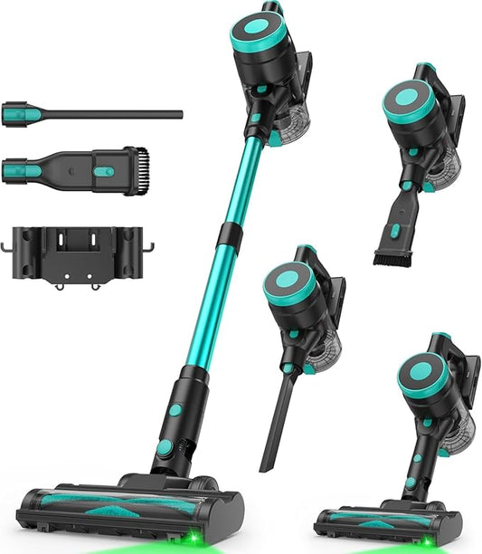 Zefiro Cordless Vacuum Cleaner,45Mins Runtime Stick Vacuum, Anti-Tangle and 1.5L Dust Cup, Lightweight Vacuum for Hardwood Floor Carpet Pet Hair (Green)