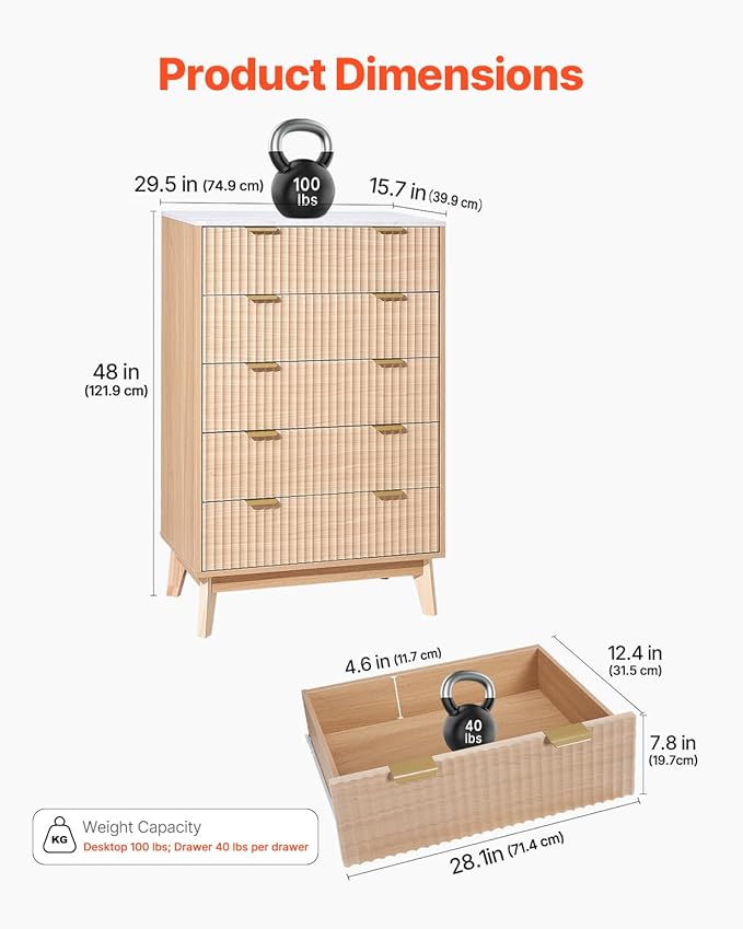 VEVOR 5 Drawer 48" Tall Fluted Bedroom Dresser, Modern Chest of Drawers with Gold Metal Handles, Faux Marble Top, Wood Dresser Closet Storage Organizer for Living Room, Hallway, Entryway, Natural Oak