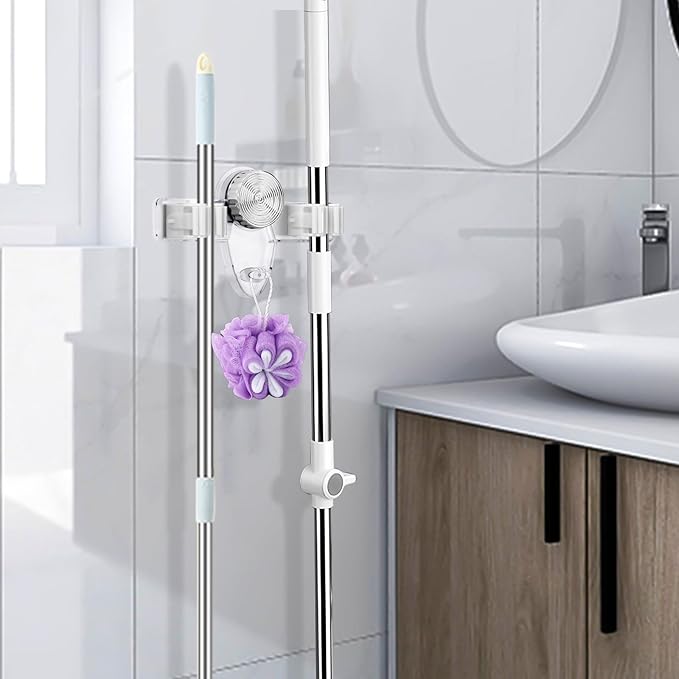 2 Pack Broom Holder Mop Hanger - Strong Suction Cup - No Drill Removable Broom Organizer Rack Wall Mount with Hooks for Bathroom Kitchen Garage, Clear
