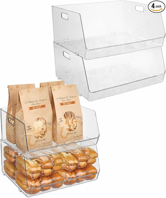 iDesign Stackable Open-Front Storage Bin, Extra Long Organizer for Kitchen or Pantry, 4-Pack, Clear