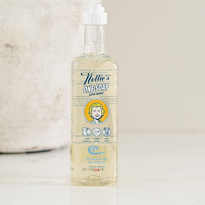Nellie's One Soap – Fragrance-Free Multi-Purpose Cleaner for Dishes, Surfaces, and Hands – Gentle, Plant-Based Formula That’s Soft on Skin – 19.2 oz (Made in Canada)