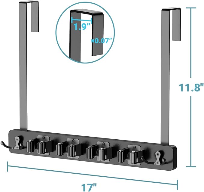 HULISEN Broom Holder Door Mount, Over the Door Broom and Mop Holder with 0.6" Thick Pads, Wood Mop Organizer Tool Hanger with 4 Racks & 2 Hooks for Laundry Cabinet Kitchen Garage, No Drills