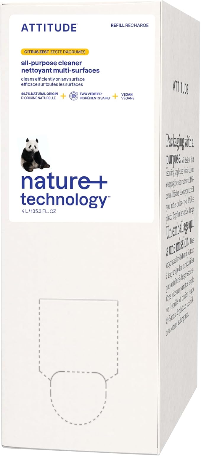 ATTITUDE All-Purpose Cleaner Refill, EWG Verified, Plant-Based & Vegan, Multi-Surface Cleaning Spray, Citrus Zest, 135.26 Fl Oz