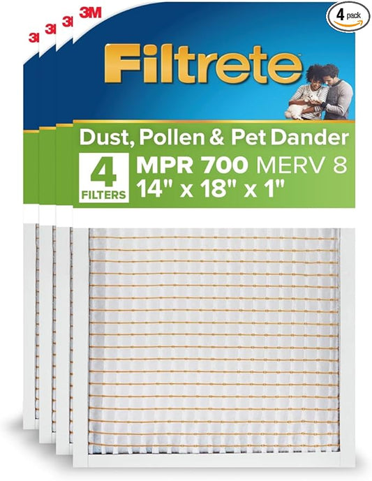 Filtrete 14x18x1 AC Furnace Air Filter, MERV 8, MPR 700, Tough on Pollen, Easy on Airflow, 3-Month Pleated 1-Inch Electrostatic Air Cleaning Filter, 4-Pack (Actual Size 13.81 x 17.81 x 0.81 in)