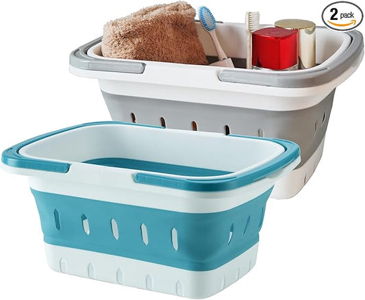 Portable Folding Plastic Bath Shower Caddy with Handle 2 Pack, Perforated, Collapse Travel Bathroom Organizer for Bedroom, College, Shower, Dorm Room, Camping and RV Use (Grey/Blue, 2 pack)