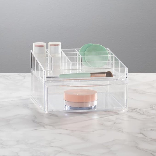 mDesign Plastic Divided Makeup Organizer Holder Bin with Front Drawer for Bathroom Vanity, Countertop Storage - Cosmetic Organization Holds Palettes, Brushes, Accessories - Cadi Collection - Clear
