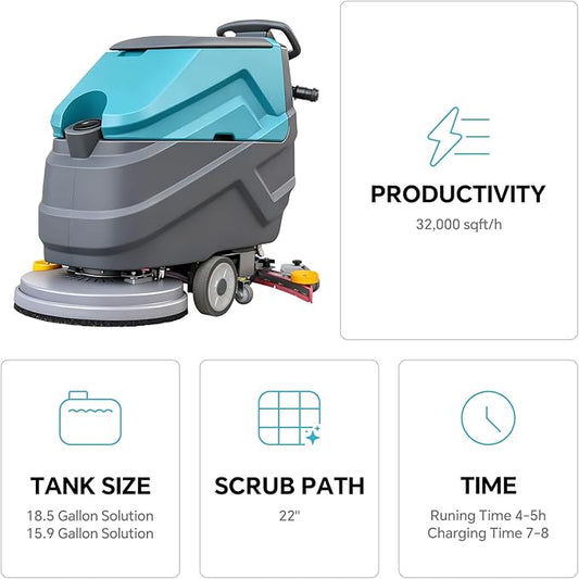 Industrial Walk Behind Floor Scrubber Machine 22" Cleaning Width 31.5" Suction Width 32000 Sqft/h,5 Hours Runtime 18.5 gal Sewage Tank,for Warehouse Schools Garages Hospital