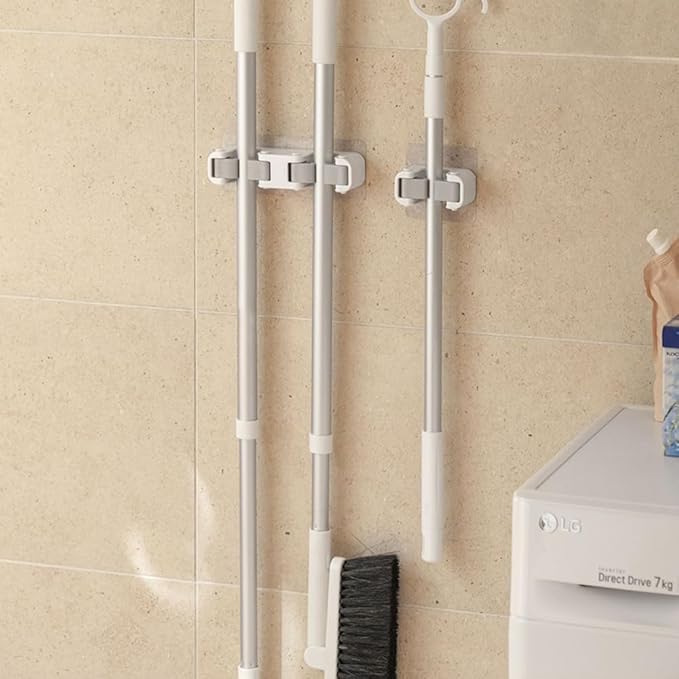 Broom Holder Wall Mount Mop and Command Broom Hanger Organizer Wall Mount Self Adhesive (Double clip)