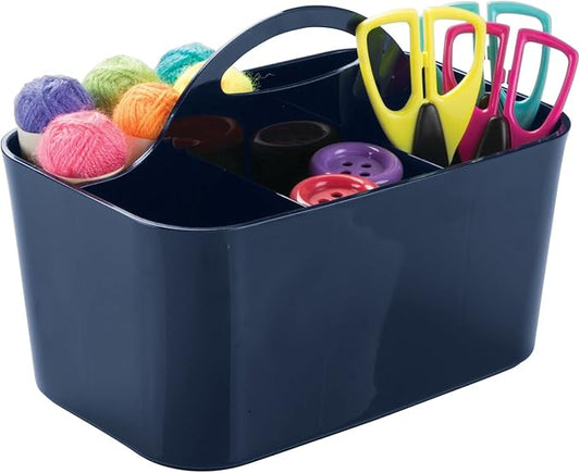 mDesign Plastic Portable Craft Storage Organizer Caddy Tote, Divided Basket Bin w/Handle - Craft, Sewing, Art Supplies - Holds Brushes, Colored Pencils - Lumiere Collection - Navy