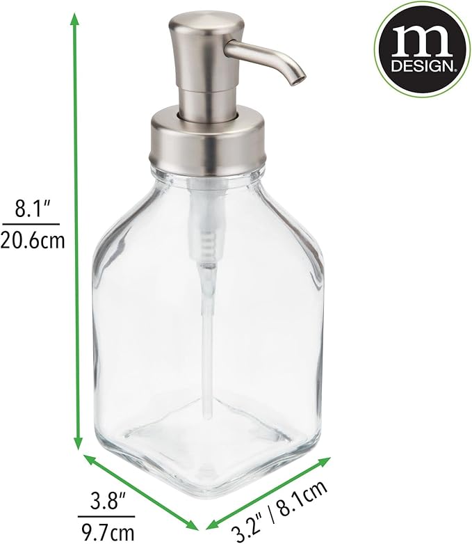 mDesign Square Glass Refillable Liquid Soap Dispenser Pump Bottle for Bathroom Vanity Countertop, Kitchen Sink - Holds Hand Soap, Dish Soap, Hand Sanitizer, Essential Oils - 2 Pack - Clear/Brushed