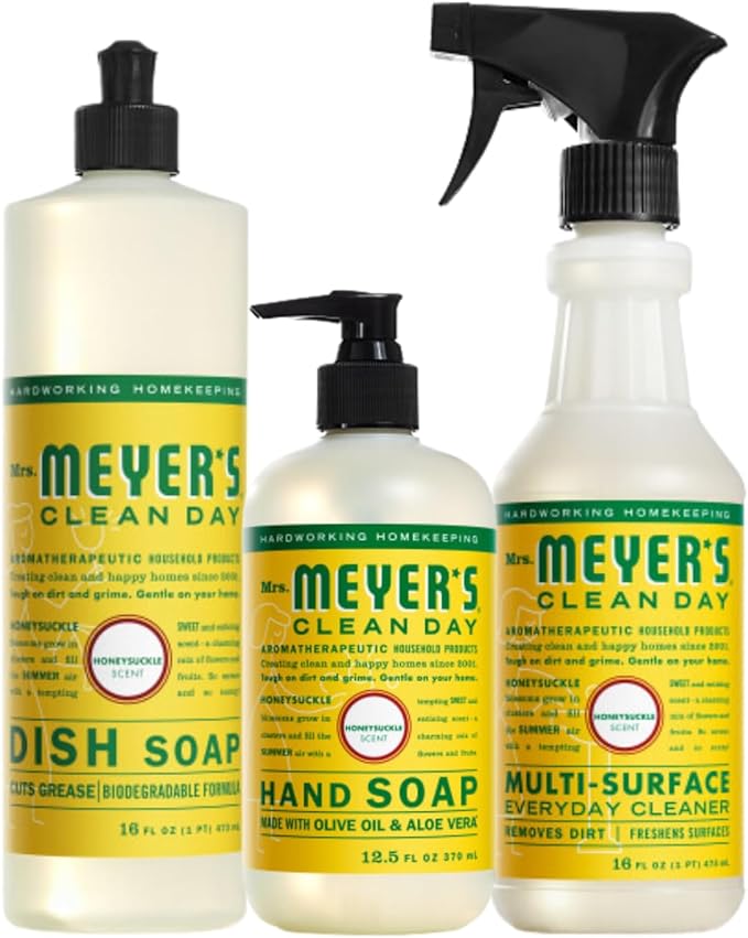 Mrs. MEYER'S Kitchen Set, Dish Soap, Hand Soap, and Multi-Surface Cleaner, 3 CT (Honeysuckle)