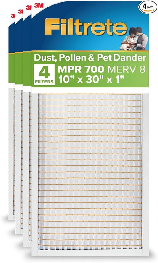 Filtrete 10x30x1 AC Furnace Air Filter, MPR 700, MERV 8, Tough on Pollen, Easy on Airflow, 3-Month Pleated 1-Inch Electrostatic Air Cleaning Filter, 4-Pack (Actual Size 9.81 x 29.81 x 0.81 in)