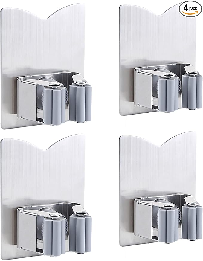 HANZE 4 Pack Mop Broom Holder Racks 304 Stainless Steel Self Adhesive Heavy Duty Wall Mounted Mop Organizer Storage Clip Multi-Used for Garage Kitchen and Bathroom