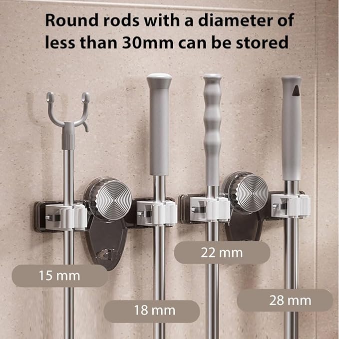 Broom Holder Mop Hanger, 2025 New No Drill Suction Cup Adjustable Organizer with Hooks, Space Saving Removable Wall Mount Organization Rack for Bathroom Kitchen Garage Laundry Room (2, Grey)
