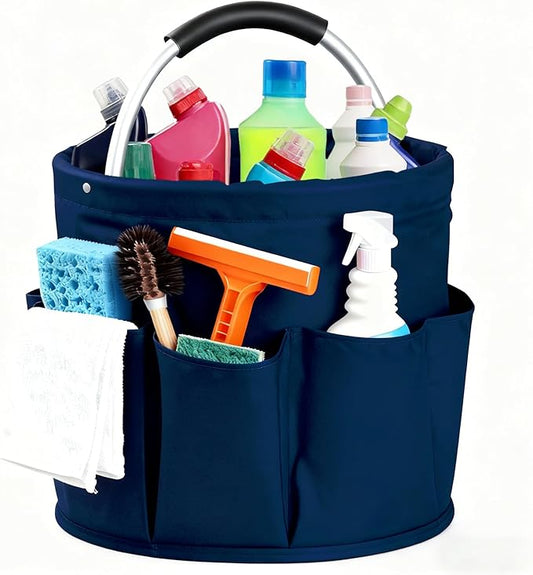 Cleaning Caddy with Handle, Cleaning Products Organiser, Foldable Storage Basket, Large Supply Organiser 17L with 6 Pockets, Portable Cleaning Caddy for Home & Garden (Dark Blue)