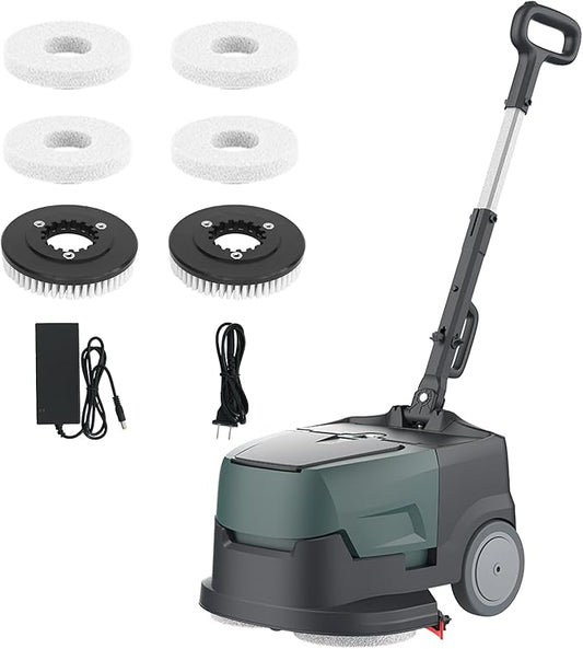 Mini Automatic Floor Scrubber Machine Battery Powered Walk Behind，Portable Commercial Floor Scrubber Machine，90-Minute Runtime, Includes 2 Hard Brush Soft Brush and 2 Scouring pads