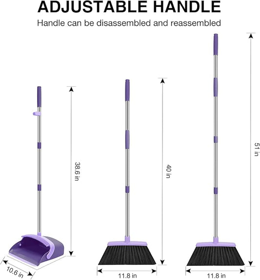 NACENA Broom and Dustpan Set, 52-in Long Adjustable Handle Broom Dustpan Combo with Dust pan Teeth to Automatically Clean Hair Suitable for Home Kitchen Office Hall Floor (Purple), 2 Pack