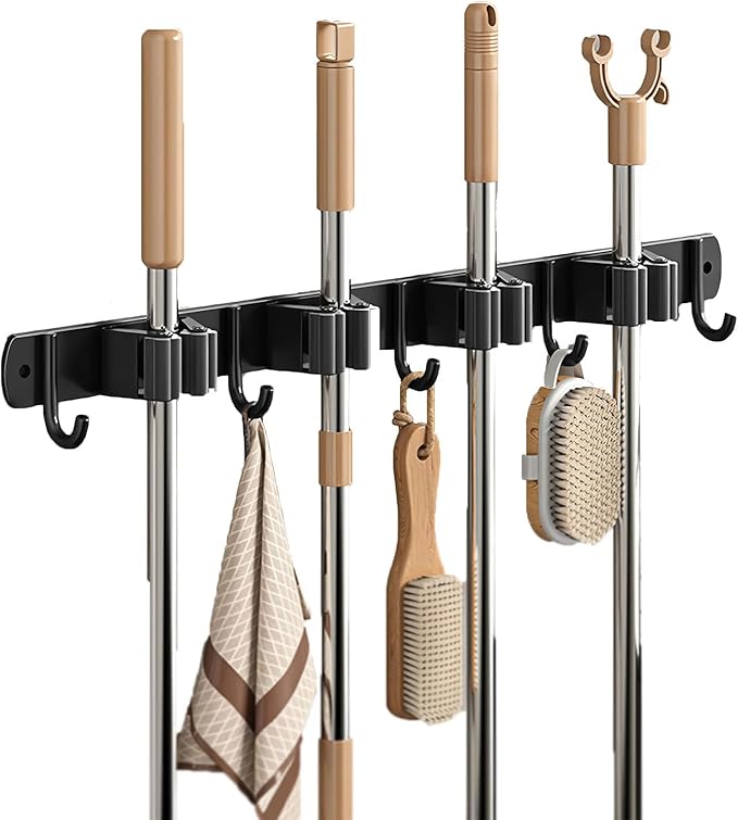 Mop Broom Holder Wall Mount, Black Stainless Steel Tool Storage Organizer with 5 Slots 6 Hooks for Home Kitchen Garden,Broom Storage Tool Organizer for Garage Closet Laundry
