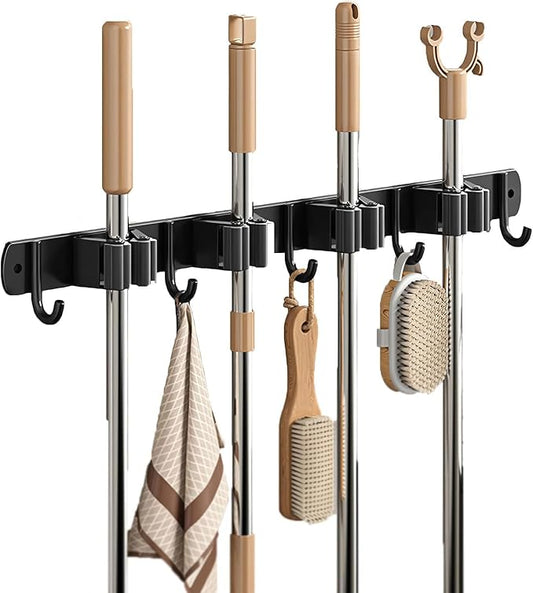 Mop Broom Holder Wall Mount, Black Stainless Steel Tool Storage Organizer with 5 Slots 6 Hooks for Home Kitchen Garden,Broom Storage Tool Organizer for Garage Closet Laundry