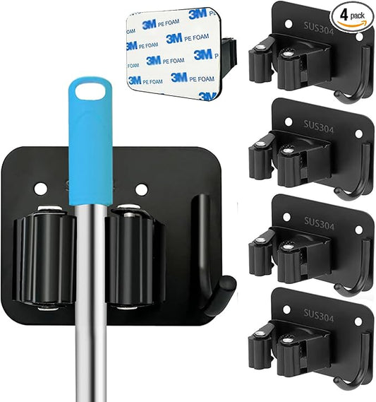 Mop and Broom Holder Wall Mount Stainless Steel 304 Tool Garage Organization Command Rack Screw and Self Adhesive 3m Broom Hanger Heavy Duty 4pcs (4pcs，black), TBJ001