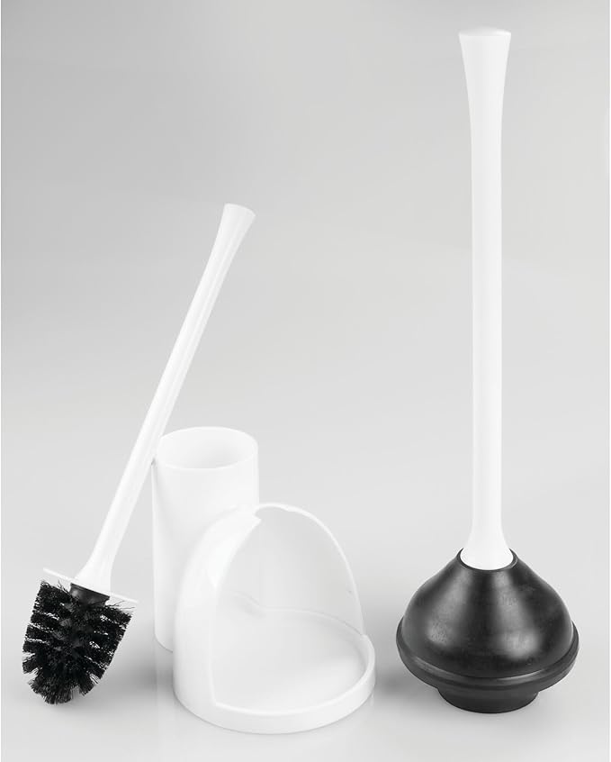 iDesign Compact Plunger Set for Bathroom Cleaning and Storage-Set of 2-White Toilet Brush