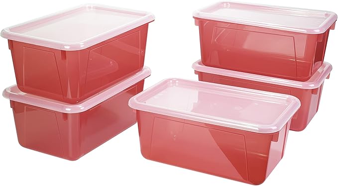 Storex Small Cubby Bins – Plastic Storage Containers for Classroom with Non-Snap Lid, 12.2 x 7.8 x 5.1 inches, Tint Red, 5-Pack (62481U05C)