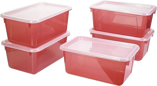 Storex Small Cubby Bins – Plastic Storage Containers for Classroom with Non-Snap Lid, 12.2 x 7.8 x 5.1 inches, Tint Red, 5-Pack (62481U05C)