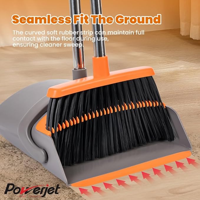 POWERJET Upright Broom & Dustpan Set (420900), Angled Lobby Broom, Exclusive Long Handle Extendable 52”, Self-Cleaning with Dustpan Teeth, Sweeping Indoor & Outdoor Home & Office Cleaning