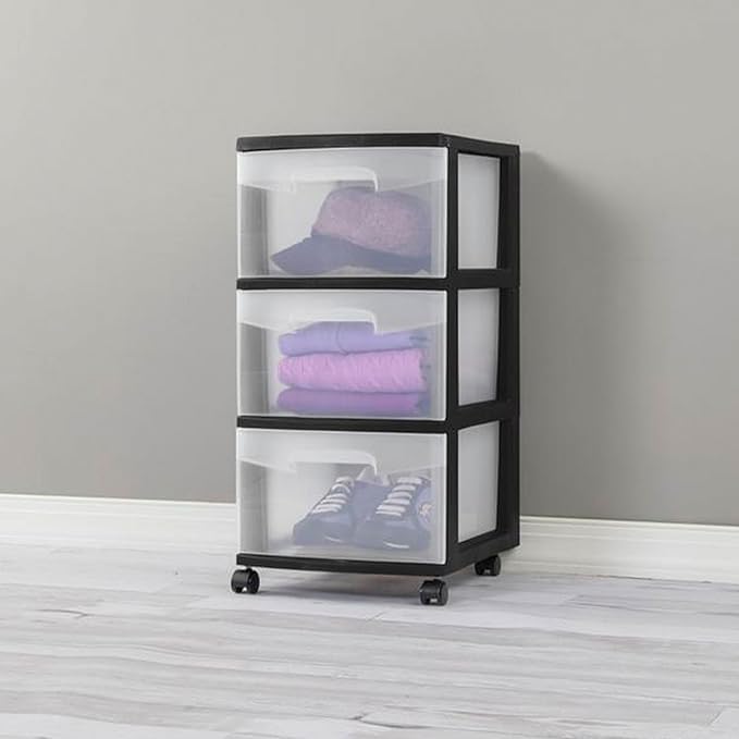 Sterilite 2 Pack Plastic Storage Organizer, 3 Drawer Rolling Bin Cart, Closet Organization, Black