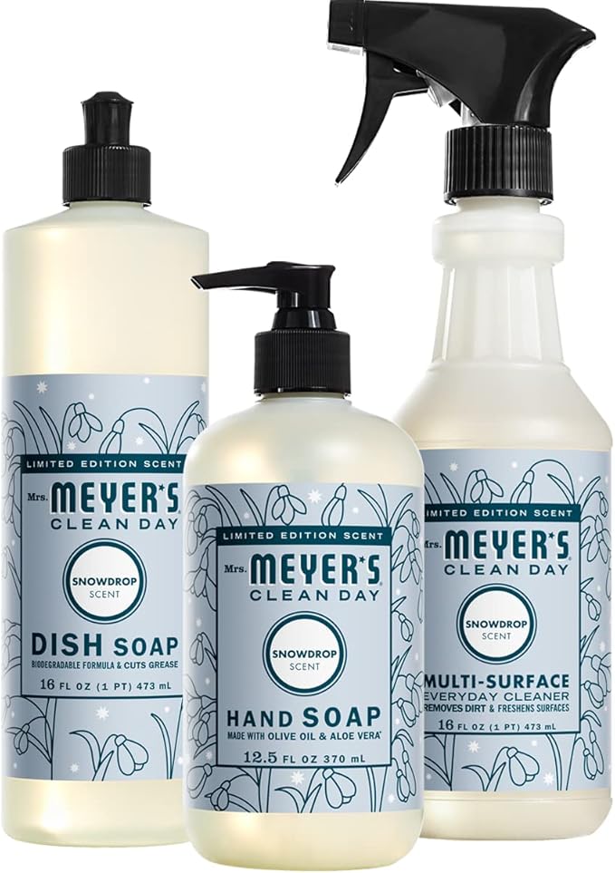 Mrs. MEYER'S Kitchen Set, Dish Soap, Hand Soap, and Multi-Surface Cleaner, 3 CT (Snowdrop)