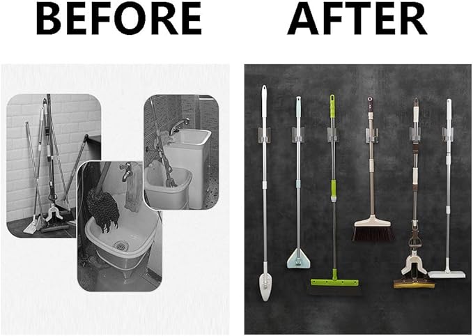HANZE 2 Pack Mop Broom Holder Racks 304 Stainless Steel Self Adhesive Heavy Duty Wall Mounted Mop Organizer Storage Clip Multi-Used for Garage Kitchen and Bathroom