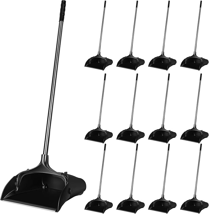Maxcheck 12 Pcs 37 Inch Lobby Dust Pan Bulk Upright Lobby Dust Pan Plastic Commercial Dustpan with Long Handle Upright Standing Dustpan Heavy Duty for Office Home Indoor Outdoor Use (Black)