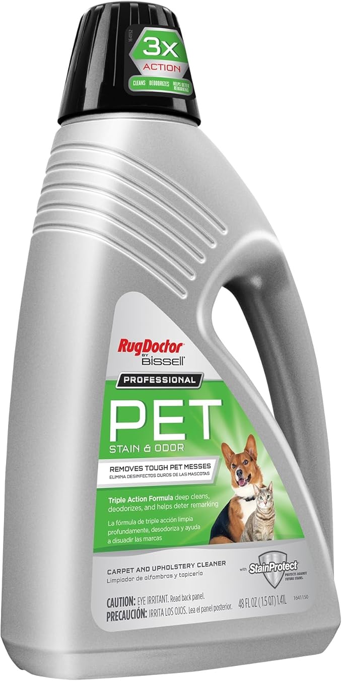 Rug Doctor Professional Triple Action Pet Stain and Odor Deep Carpet Cleaner Solution 48oz. Triple Action Formula Cleans, Deodorizes and Deters Remarking, Carpet Shampoo for Pet Stains & Odors