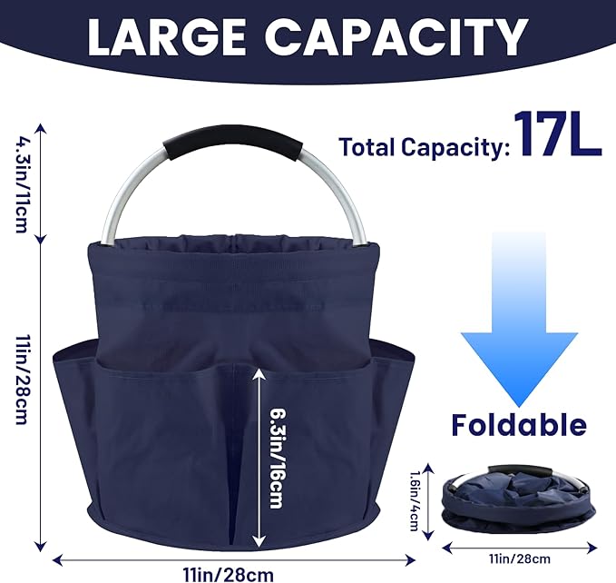 Cleaning Caddy with Handle and 6 Pockets, 17L Cleaning Supplies Organizer, 600D Oxford Fabric Storage Basket, Multifunctional Bucket Bag for Picnics, Camping, Gardening, Bathing (Dark Blue)
