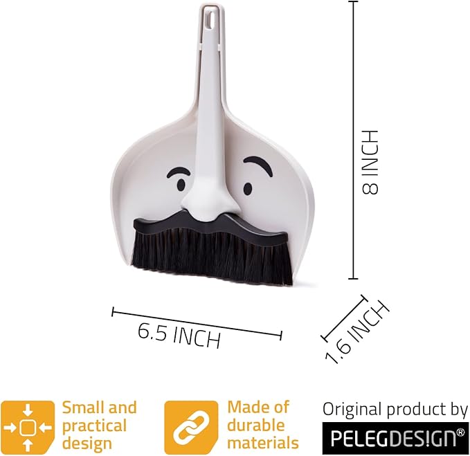 Peleg Design Dustache Small Dustpan and Brush Set, Mini Broom and Dustpan Set, Mustache Design, Small Broom and Dustpan Set, for Home & On-The-Go