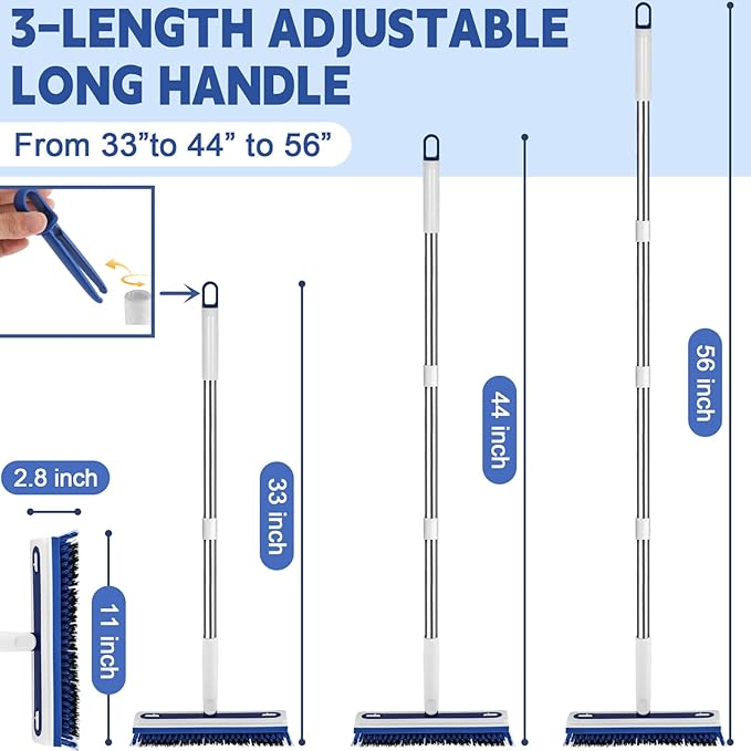4-in-1 Floor Scrub Brush with Long Handle V-Shaped Crevice Brush Floor Scrubber Mop with Squeegee and Tweezer for Cleaning Gap Tile Bathroom Kitchen Patio Deck Garage